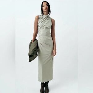 Zara Green Ruched Sleeveless Green Maxi Dress